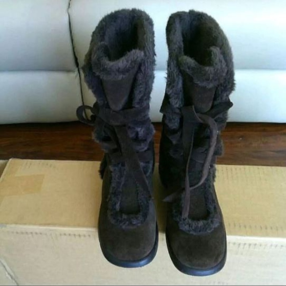 Lux Suede Fuzzy Fur Dark Brown Mid Calf Boots 8